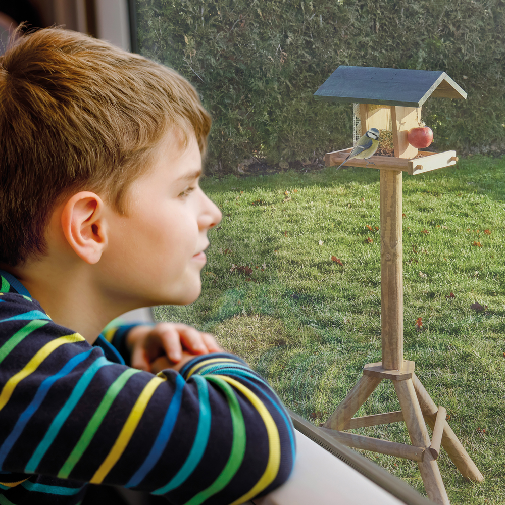 Perfekte Aussicht aus dem Haus auf dreibeinige Vogelhaus Super Bird aus Holz