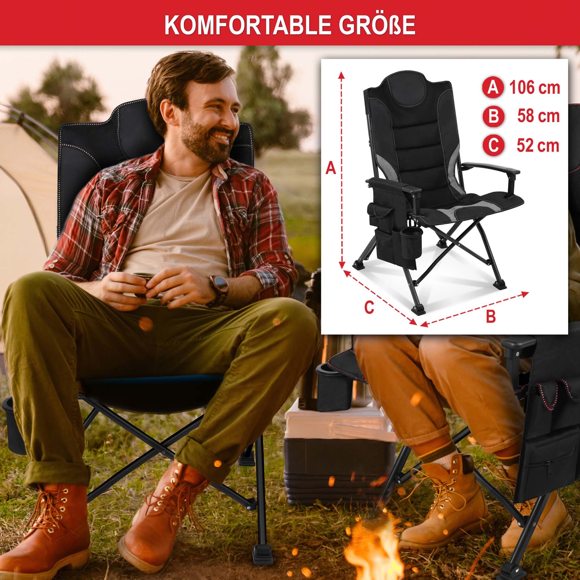 Camping-stuhl schwarz-grau mit komfortabler Groeße 58 x 106 x 52