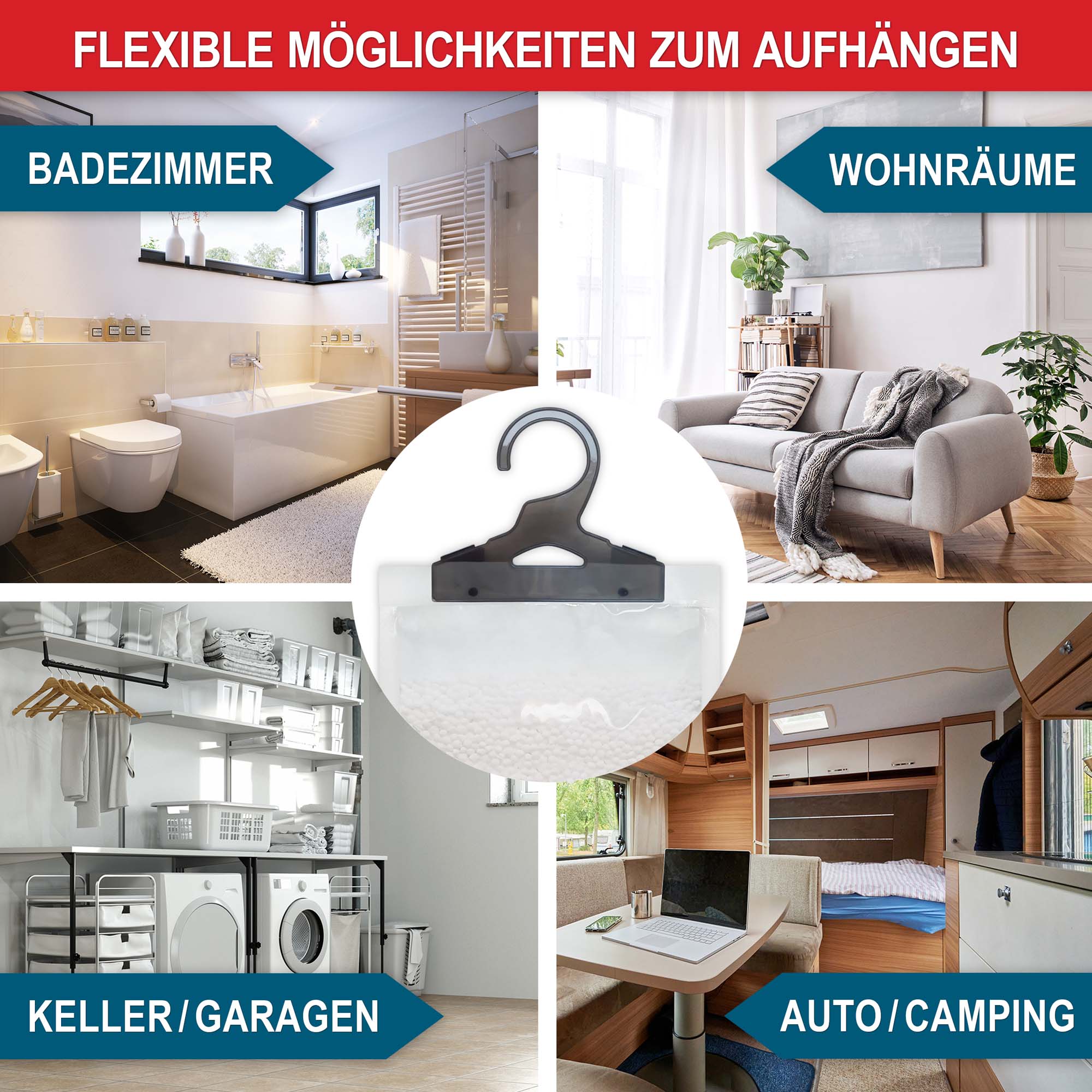 Flexible Möglichkeiten zum Aufhängen in Badezimmer Wohnräume Keller Garagen Auto Camping - Luftentfeuchter Feuchtigkeitsabsorber Lufttrockner Raumentfeuchter Feuchtigkeitsregler