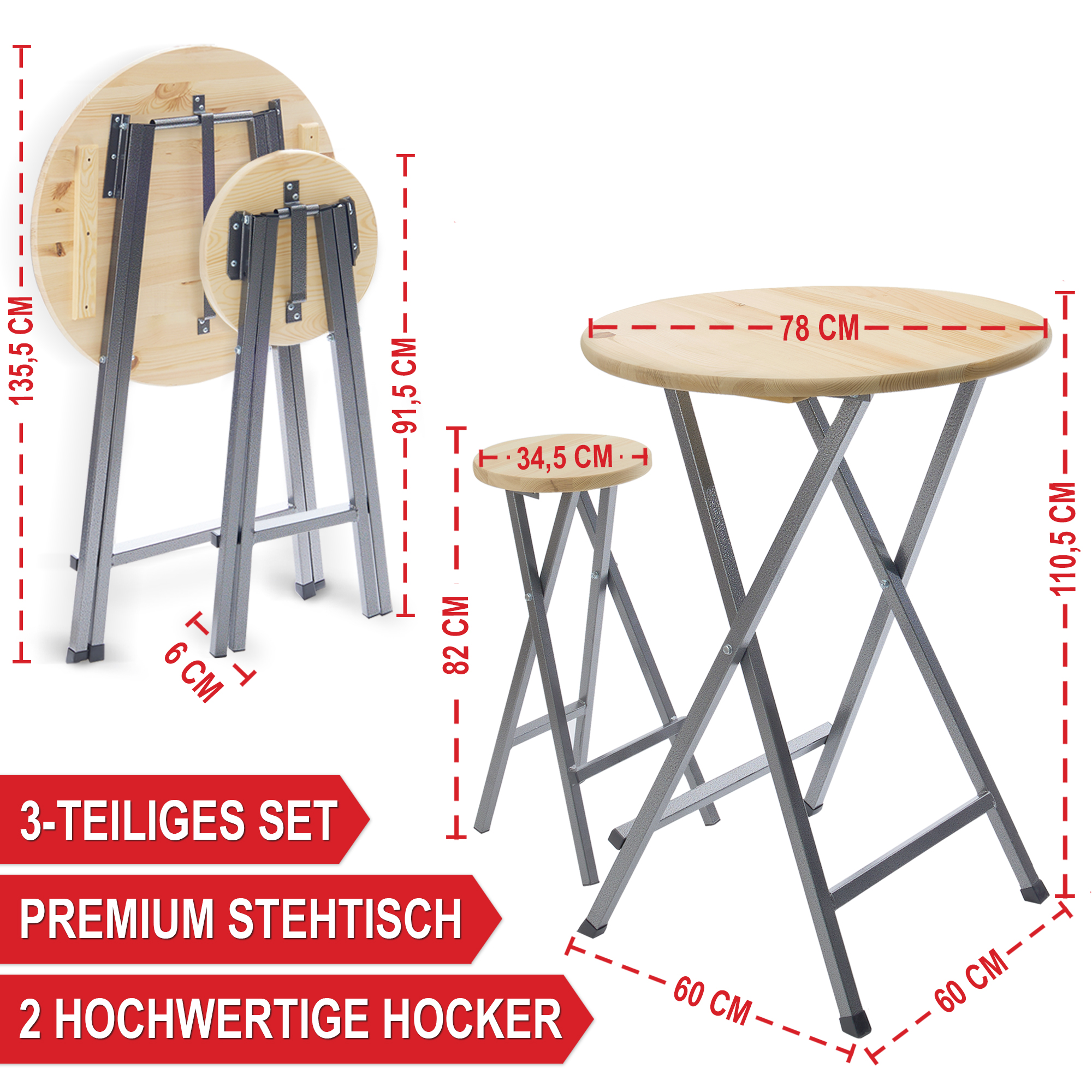 Stehtisch Set mit Holzplatte - 3-teiliges Set - Premium Stehtisch 78 cm - 2 hochwertige Hocker 34,5 cm - Bartisch-Set - Bistrotisch-Set - Klapptisch-Set - Partytisch-Set - Eventtisch-Set