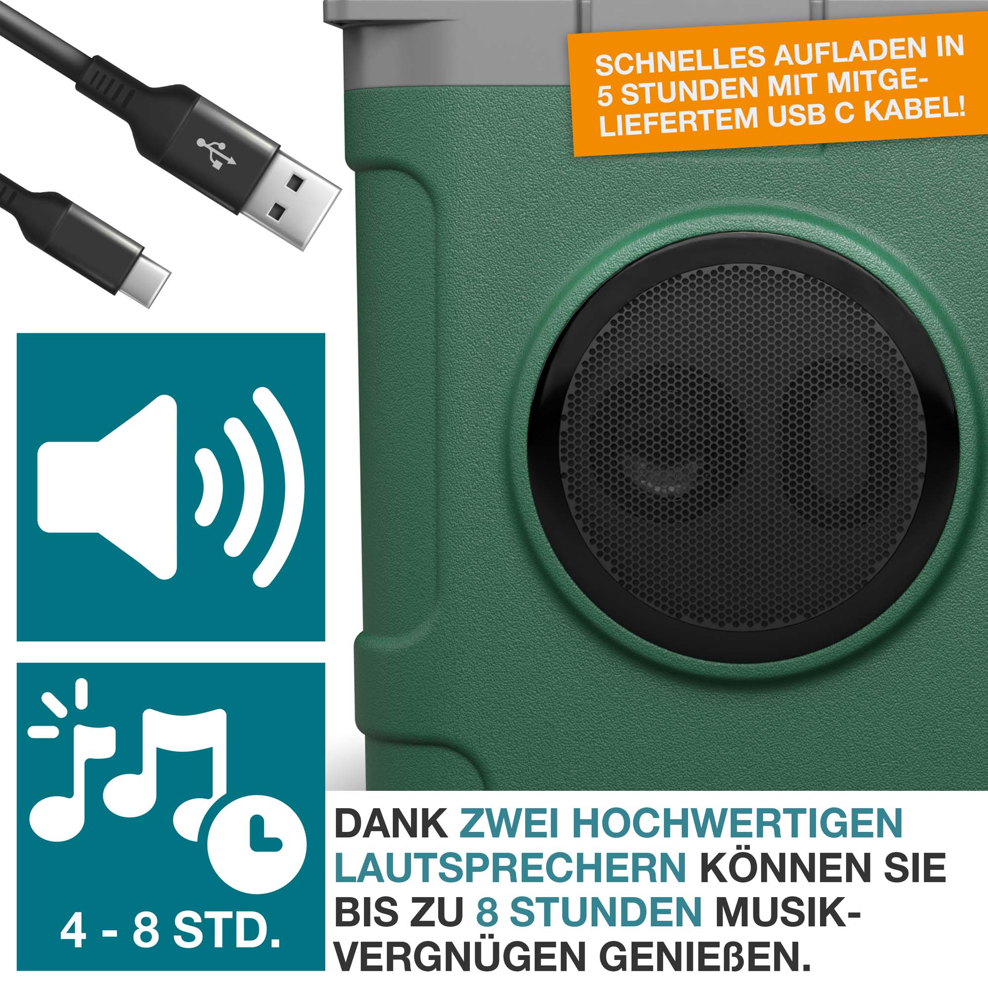 3-in-1 Kühlbox TOM gruen – Zwei Lautsprecher für bis zu 8 Stunden Musikgenuss Schnelles Aufladen in 5 Stunden Ideal für Camping Outdoor Reisen – Mobile Kühlbox mit Musikfunktion