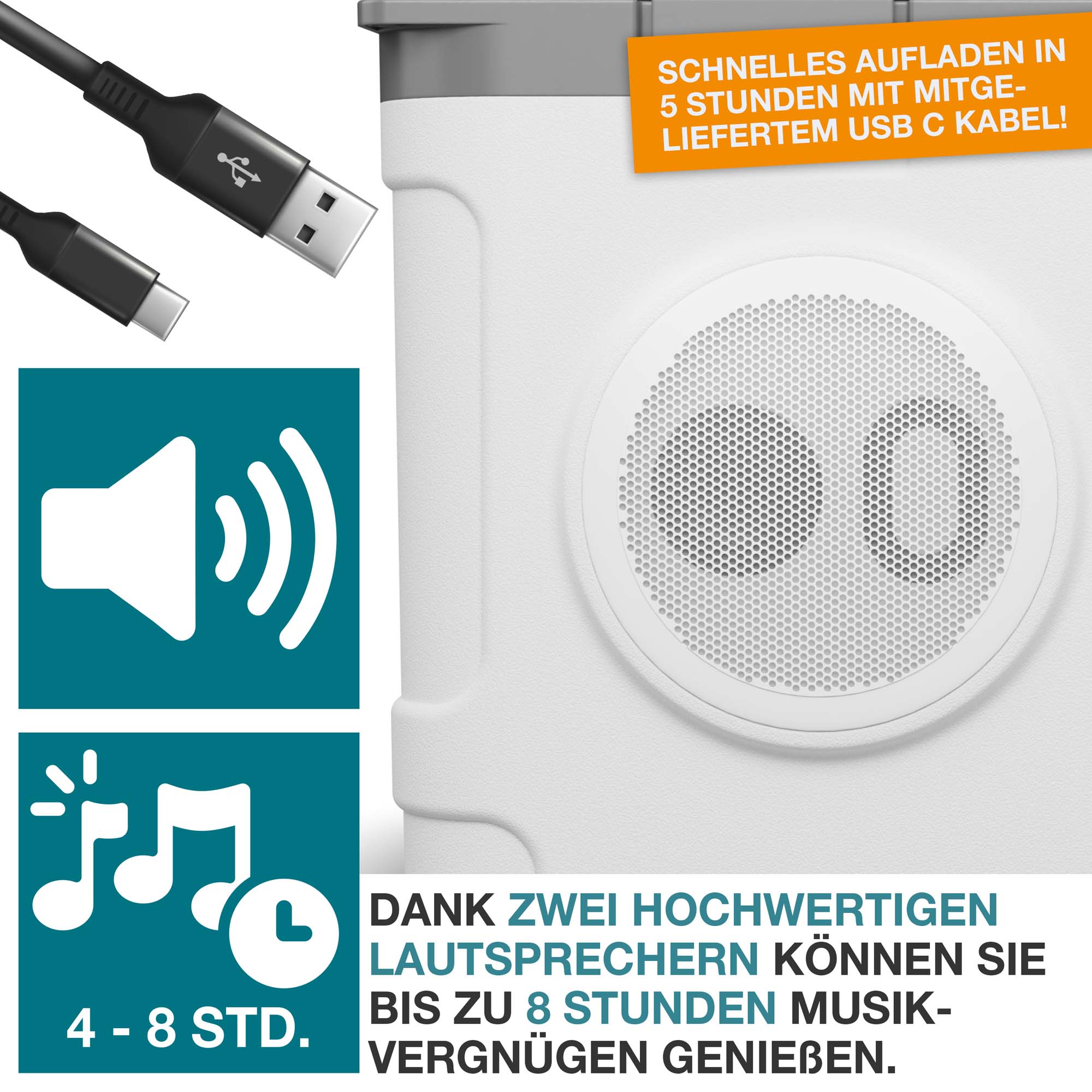 3-in-1 Kühlbox TOM weiß – Zwei Lautsprecher für bis zu 8 Stunden Musikgenuss Schnelles Aufladen in 5 Stunden Ideal für Camping Outdoor Reisen – Mobile Kühlbox mit Musikfunktion