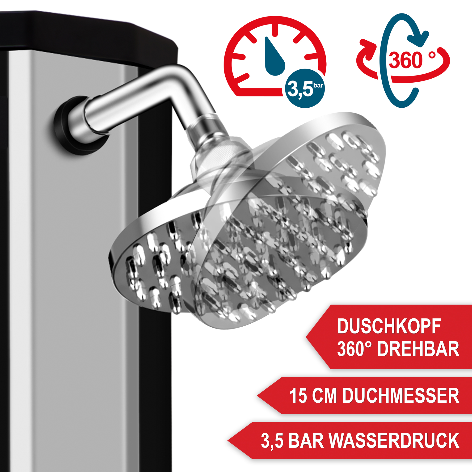 Duschkopf 360 Grad drehbar - 15 cm Durchmesser - 3,5 Bar Wasserdruck - Solardusche - Gartendusche - Außendusche - Pooldusche - Drehsystem - Hochdruck-Duschkopf - Rotationsduschkopf - Komfortabler Duschstrahl