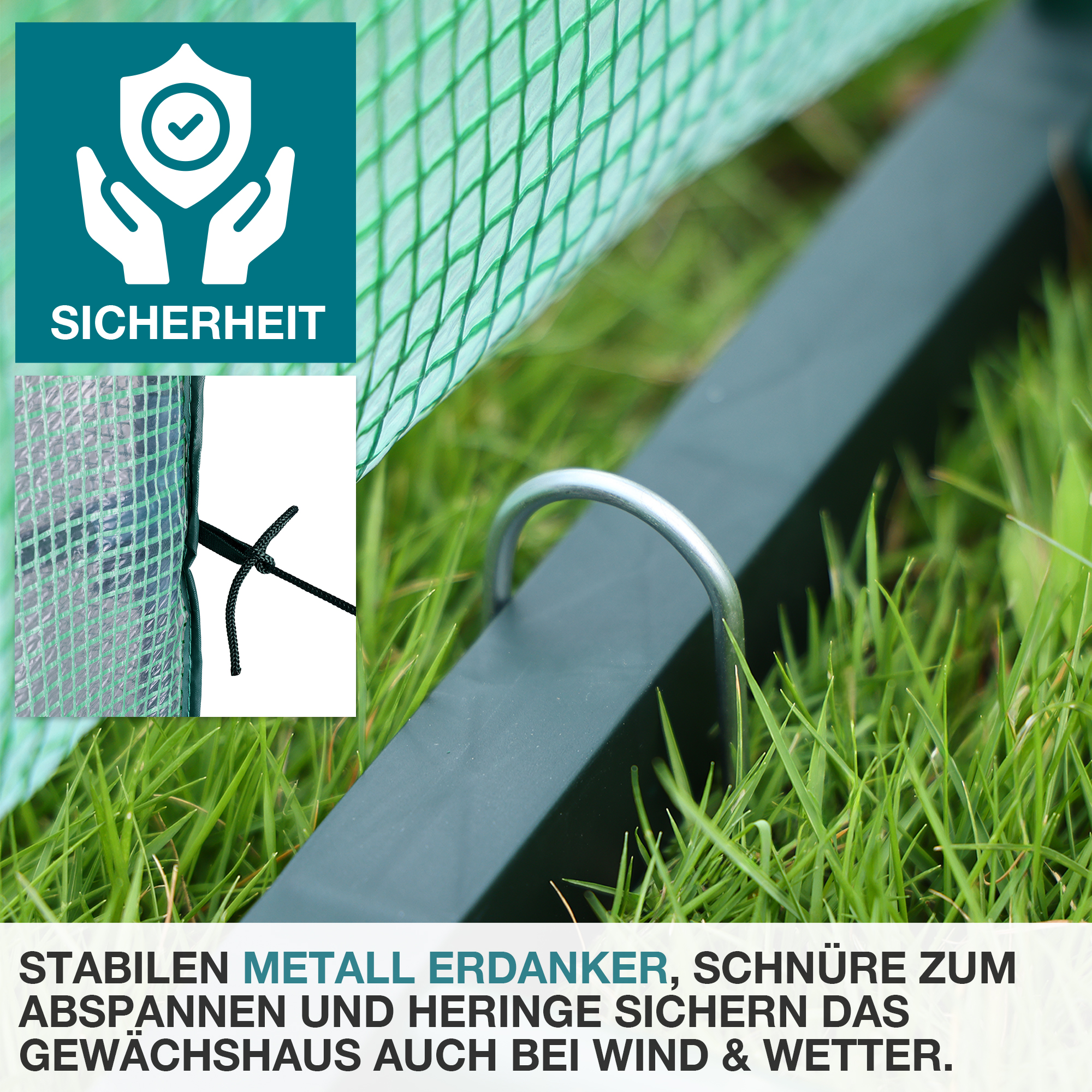 Stabile Metall Erdanker - Schnüre zum Abspannen - Heringe - sicher bei wind und wetter - Pflanzenhaus - Gartenhaus - Treibhaus