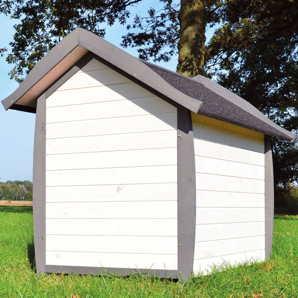 Rückansicht der wetterfesten Hundehütte Bella aus hochwertigem Holz im modernen Design