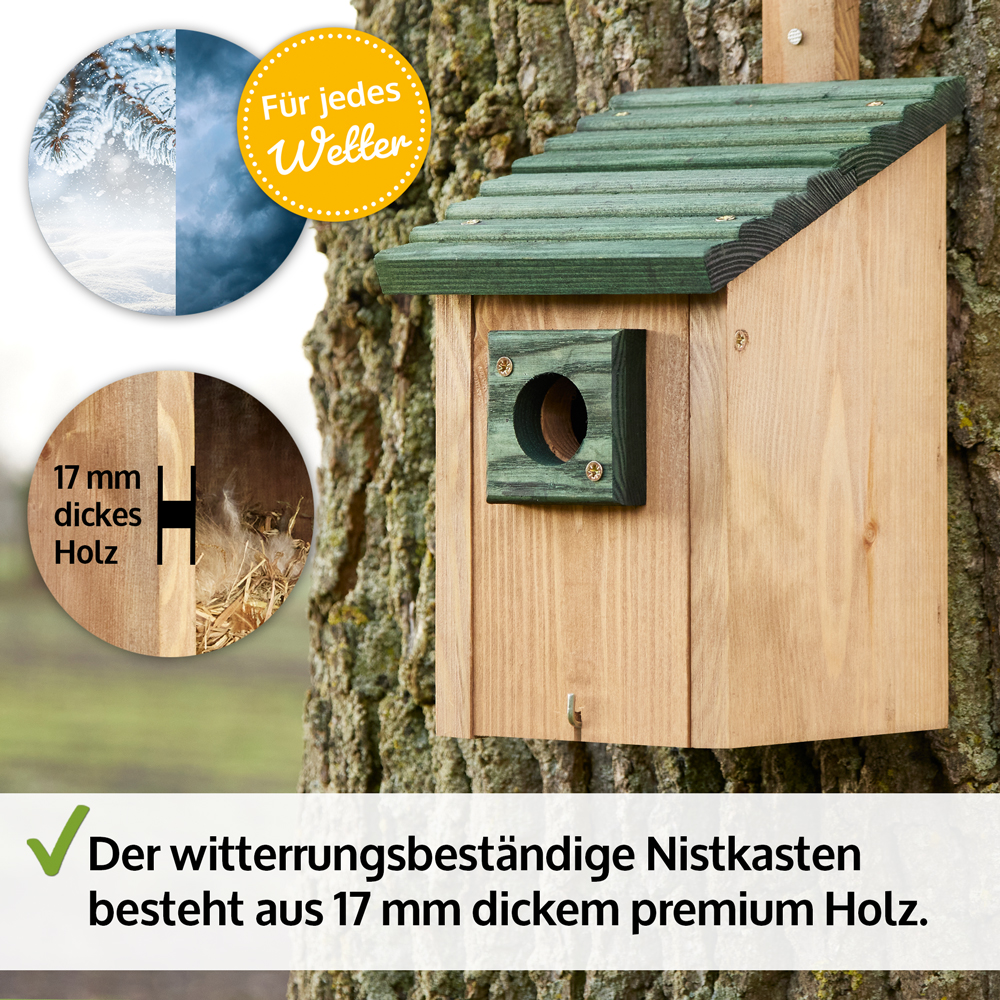 Dieser wetterfeste Nistkasten besteht aus hochwertigem 17 mm dickem Holz und bietet Vögeln einen sicheren Unterschlupf bei jedem Wetter