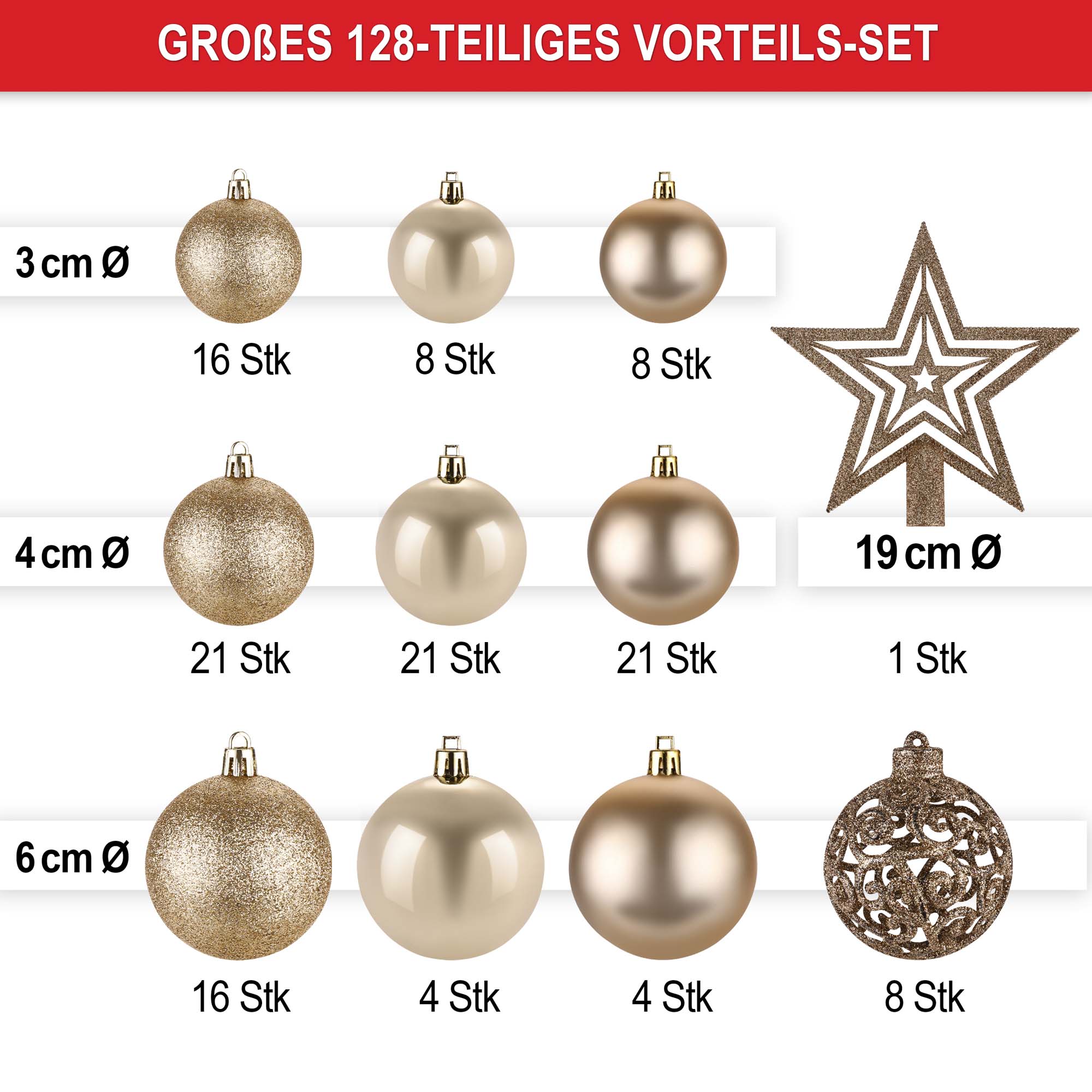 128 teiliges Weihnachtskugeln set in 3 groessen champagner