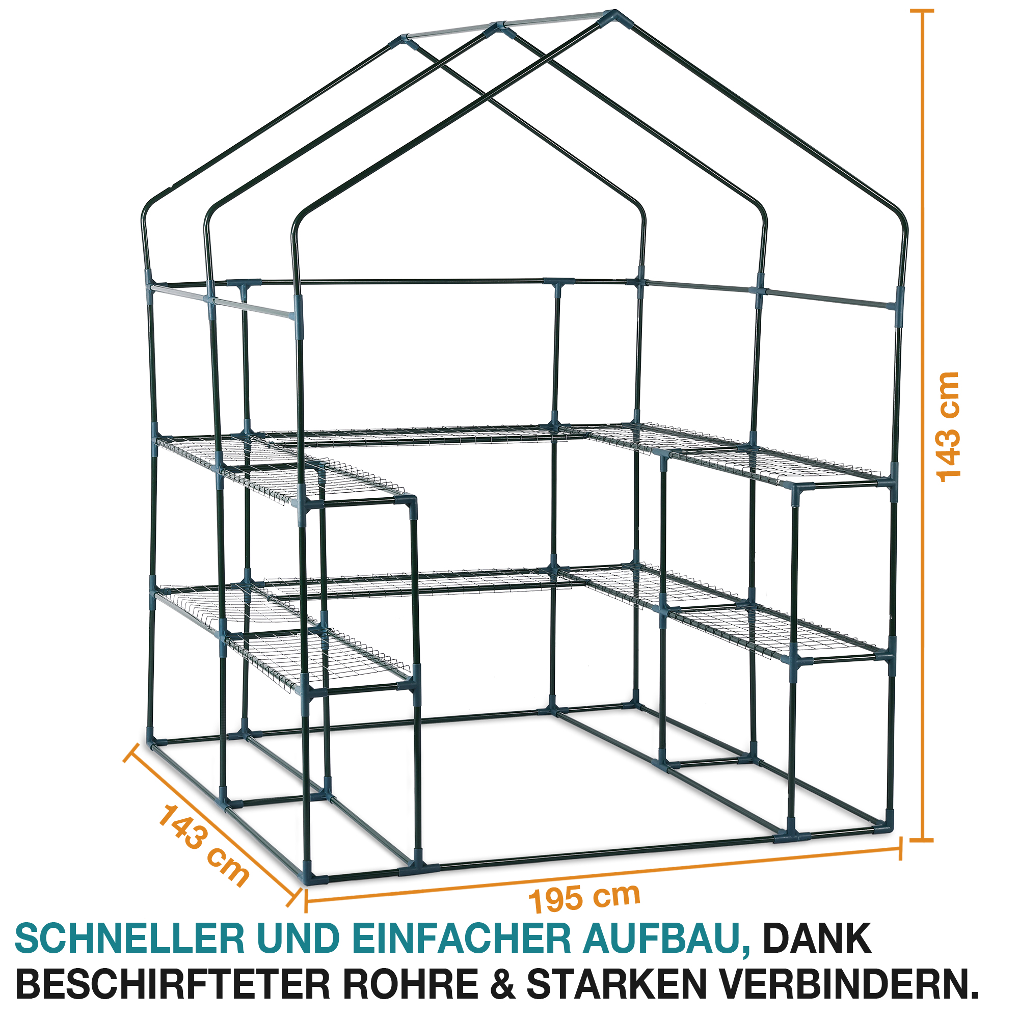 Gewächshaus mit beschrifteten Rohren und schnellem Aufbau - Pflanzenschutz - Maße 195 cm x 143 cm x 143 cm - aufrollbare Tür mit Reißverschluss