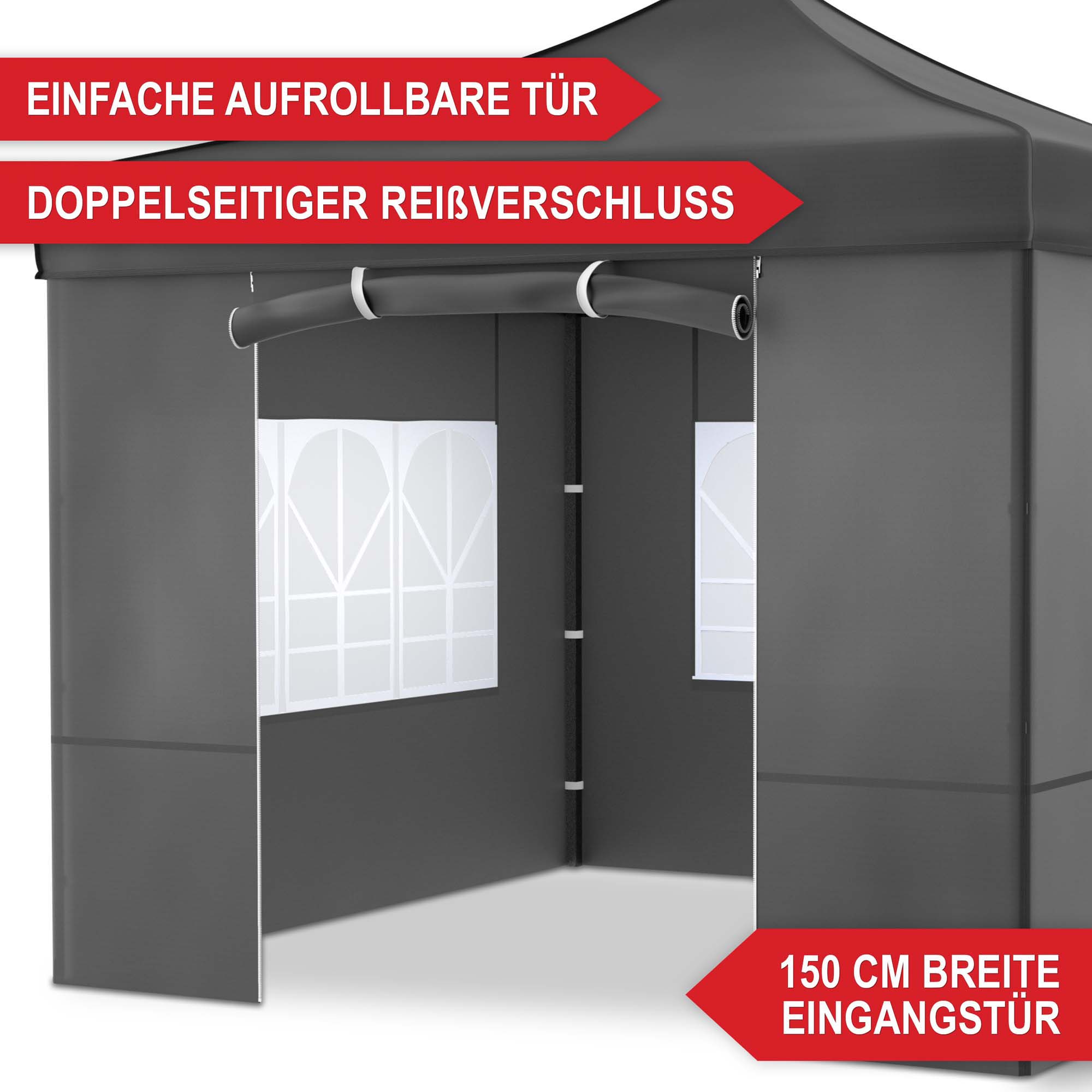 Einfache aufrollbare Tür - doppelseitiger Reißverschluss - 150 cm breite Eingangstür - Pavillon grau - Schutzdach - Festzelt - Gartenpavillon - Zelt - Eventzelt - Partyzelt - Regenschutz - Sonnenschutz - Überdachung