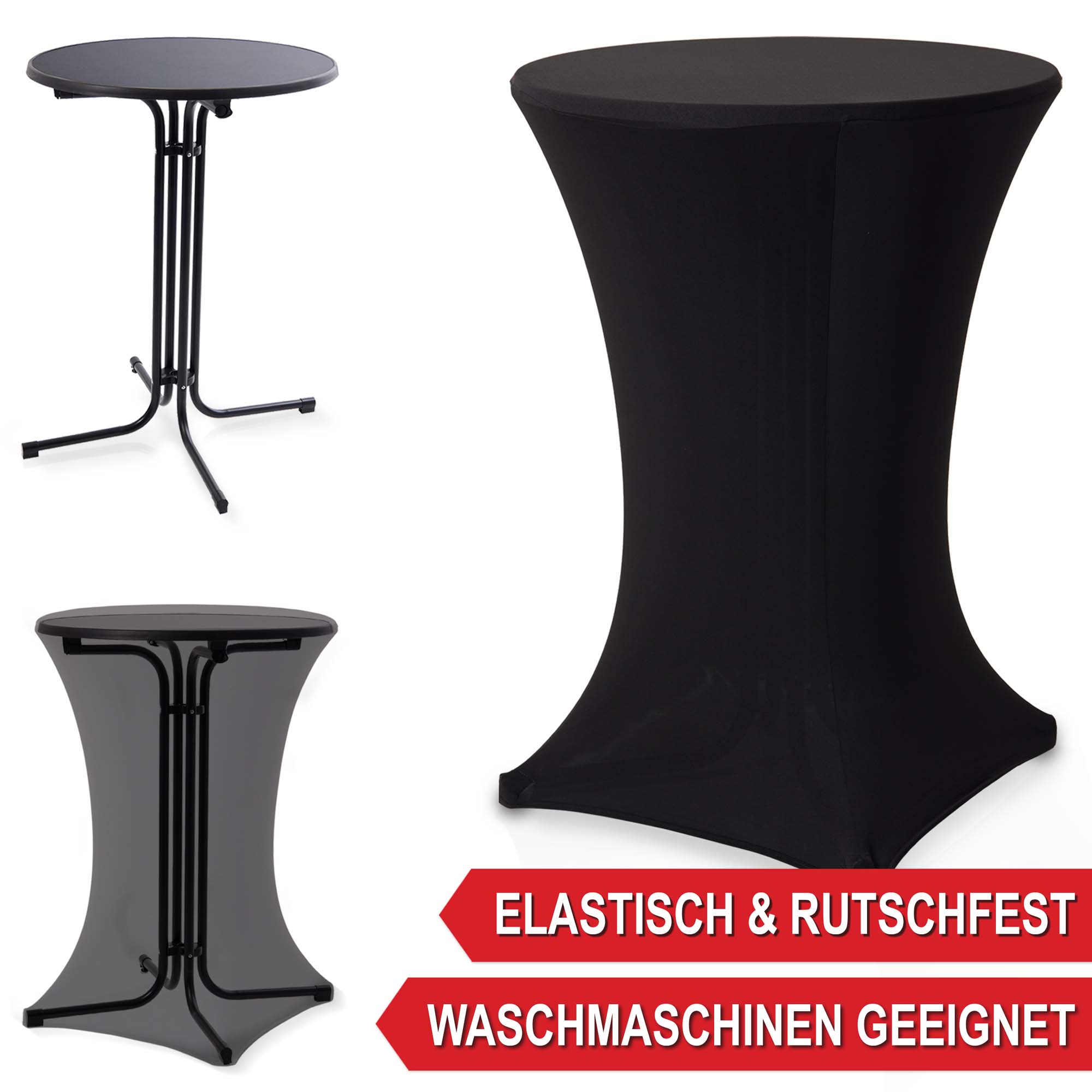 Stehtisch mit Tischhusse schwarz - elastisch & rutschfest - waschmaschinengeeignet - Partytisch mit Husse - Bartisch mit Überzug - Klapptisch mit Stretchbezug