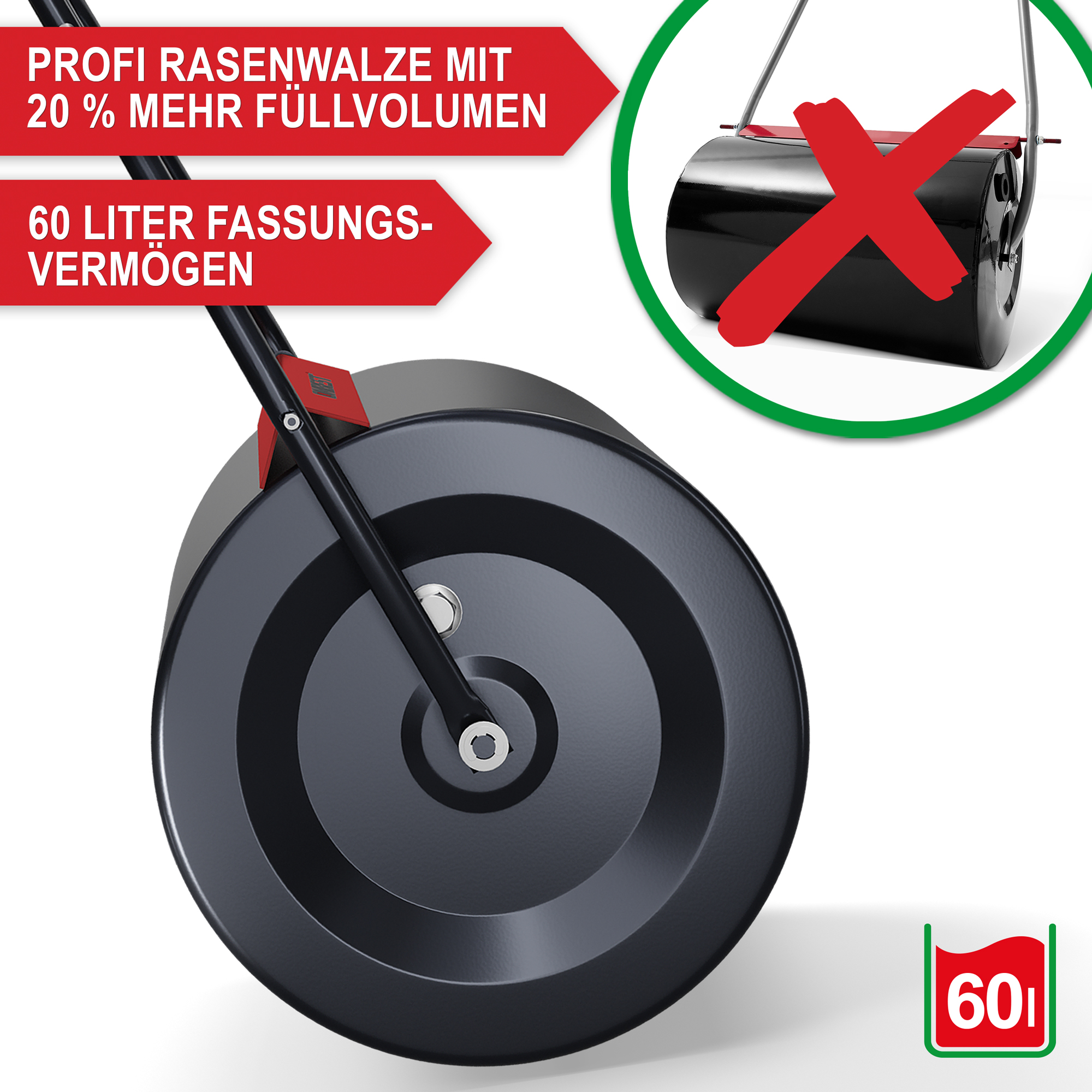 Profi Rasenwalze mit 60 Liter Fassungsvermögen und 20% mehr Füllvolumen